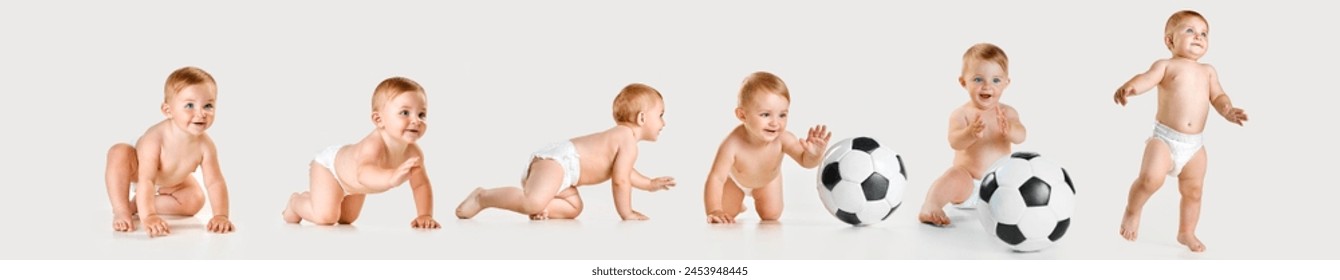 Unstoppable curiosity. Collage. Little baby girl, adorable active child in diaper in motion isolated on white background. Concept of childhood, health care, baby emotions, growth - Powered by Shutterstock
