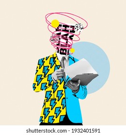 Unstoppable talks in head. Comics styled yellow suit. Modern design, contemporary art collage. Inspiration, idea concept, trendy urban magazine style. Negative space to insert your text or ad.