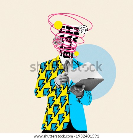 Unstoppable talks in head. Comics styled yellow suit. Modern design, contemporary art collage. Inspiration, idea concept, trendy urban magazine style. Negative space to insert your text or ad.