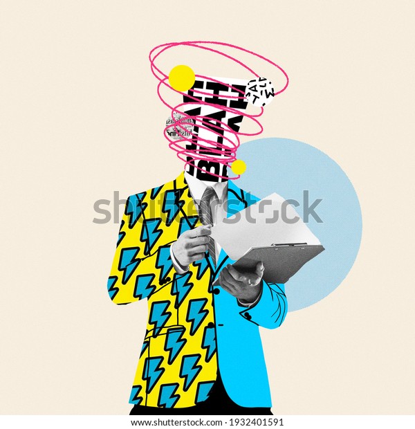 Unstoppable talks in head. Comics styled yellow suit.\
Modern design, contemporary art collage. Inspiration, idea concept,\
trendy urban magazine style. Negative space to insert your text or\
ad.