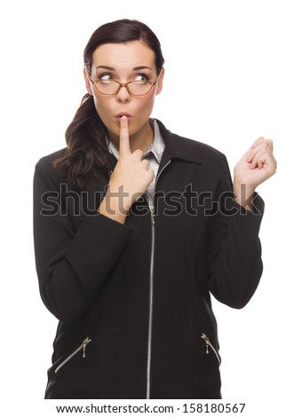 Unsure Mixed Race Businesswoman Puts Finger on Her Lips Isolated on White Background 
