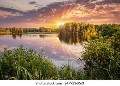 Unsurpassed quiet lake in the morning light surrounded by a forest, tree reflection on the water surface. Location place Small Polissya, Ukraine, Europe. Photo wallpaper. Discover the beauty of earth. - Powered by Shutterstock