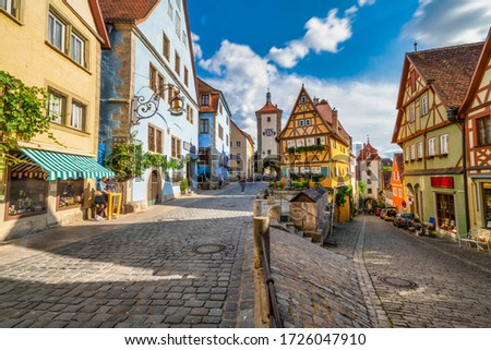 Untere Schmiedgasse street at the old town of Rothenburg ob der Tauber. Bavaria, Germany