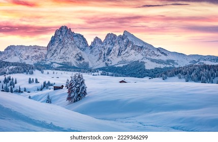 Untouched winter landscape. Frosty winter view of Alpe di Siusi village with Plattkofel peak on background. Stunning sunrise in Dolomite Alps, Ityaly, Europe. Beauty of nature concept background. - Shutterstock ID 2229346299