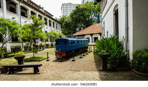 the unused blue old train at Lawang Sewu photo taken in Semarang Indonesia