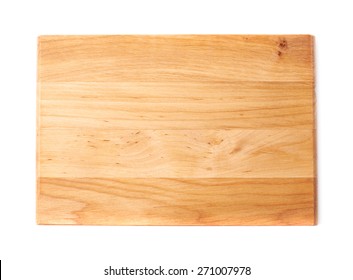 Unused brand new pine wooden cutting board isolated over the white background, top view above foreshortening