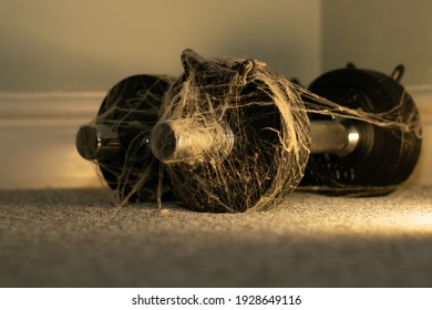 unused sport equipment dumbbells in a corner covered in spider web  - Shutterstock ID 1928649116