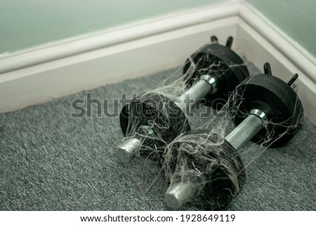 unused sport equipment dumbbells in a corner covered in spider web 