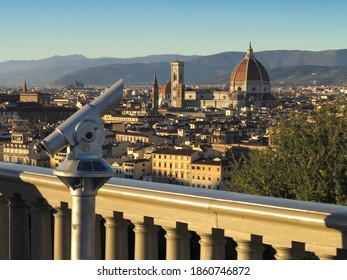 unused telescopes to admire the view on the panoramic terrace of Piazzale Michelangelo in Florence. No tourists due to the blockade of the Covid 19 pandemic. Italy           