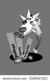 Unusual advert creative 3d composition collage of magic hole with mouth screaming bad language swear words bullying