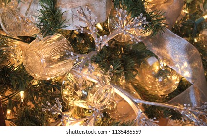 Unusual Christmas Tree Decorated With Lit Up Vintage Antique Cut Glass Punch Bowl Cups As Ornaments.