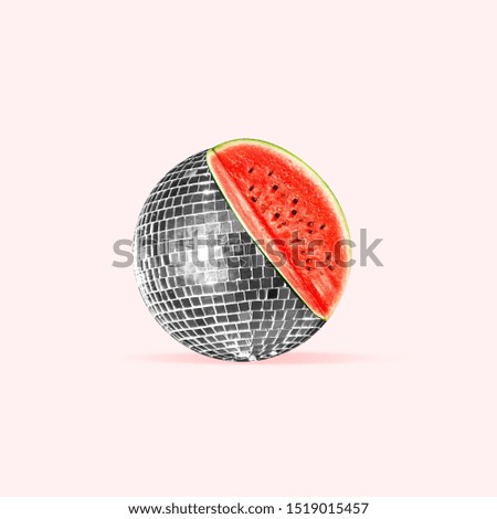 Unusual combination of usual things. Disco ball as an watermelon on trendy coral background. Negative space. Modern design. Copyspace. Contemporary art. Creative conceptual and colorful collage.