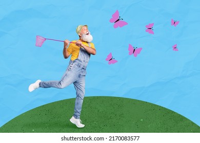 Unusual creative collage photo concept of mature man feel young catching butterflies isolated on field nature painting background