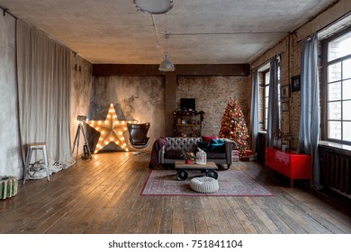 Unusual Dark Interior Of The Living Room In The Loft Style Is Decorated With A Christmas Tree