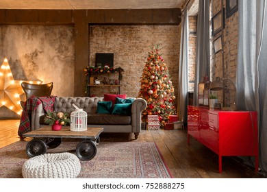 Unusual Dark Interior Of The Living Room In The Loft Style Is Decorated With A Christmas Tree