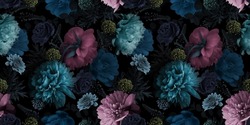 Unusual Floral Summer Seamless Pattern. Garden Peonies. Blue And Pink Flowers On A Black Background. Template For Fabrics, Textiles, Paper, Wallpaper, Interior Decoration. Vintage.