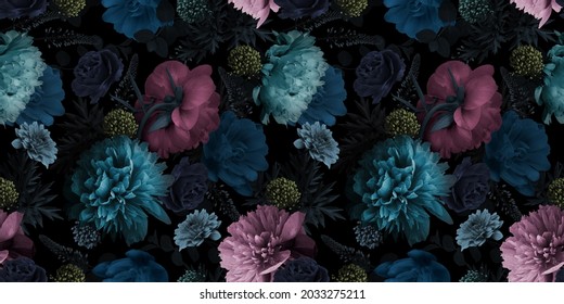Unusual Floral summer seamless pattern. Garden peonies. Blue and pink flowers on a black background. Template for fabrics, textiles, paper, wallpaper, interior decoration. Vintage. - Shutterstock ID 2033275211