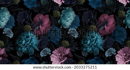 Unusual Floral summer seamless pattern. Garden peonies. Blue and pink flowers on a black background. Template for fabrics, textiles, paper, wallpaper, interior decoration. Vintage.