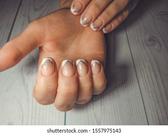 Unusual french manicure and silver topping  Gradient silver topping triangular geometric french manicure 