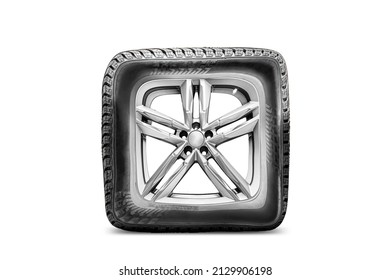 an unusual funny tire with alloy wheels white isolated square