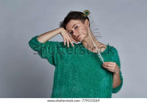 Unusual Girl Short Hair Turquoise Sweater Stock Photo Edit Now