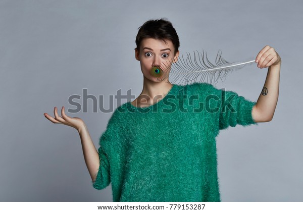 Unusual Girl Short Hair Turquoise Sweater Stock Photo Edit Now