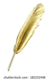 Unusual Gold Quill Pen On A White Paper