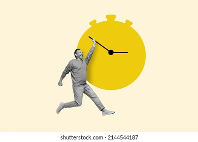 Unusual photo collage aged mature male character trying to stop slow down turn back time giant painted clock arrow - Shutterstock ID 2144544187