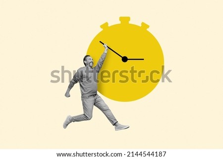 Unusual photo collage aged mature male character trying to stop slow down turn back time giant painted clock arrow Foto stock © 