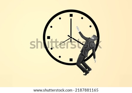 Unusual photo collage male character trying to stop slow down turn back time giant painted clock arrow