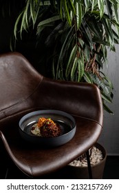 Unusual Photo For A Fancy Restaurant Menu, A Dish With Expensive Veal Fillet On A Leather Surface