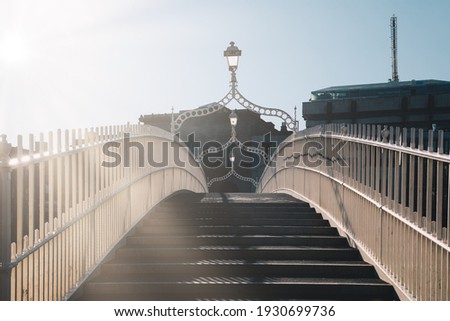 Unusual sight of empty Half Penny bridge in Dublin at early morning. Photo taken during another lockdown due coronavirus pandemic in March 2021