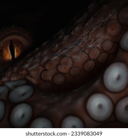 Unveil the enigmatic nature of the Giant Pacific Octopus with macro photography. Capture a close-up of its mesmerizing eye and sinuous tentacles. The mood should be mysterious and intense, with dramatic lighting to emphasize the octopus' intricate texture