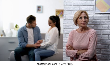 Unwanted Relations, Jealous Mother-in-law Watching Young Couple Hugging At Home