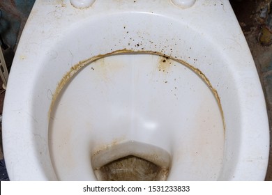 Unwashed public toilet. Dirty toilet bowl close-up