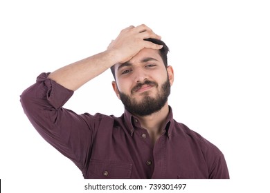 Unwell Beard Guy Has A Bad Headache. Isolated On White Background.