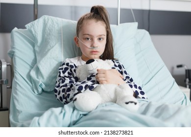 Unwell child in healthcare pediatric clinic patients recovery ward room while looking at camera. Ill little girl holding plush teddybear and wearing oxygen tube while resting alone in hospital bed.