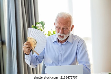 Unwell Senior Business Man Sit On Desk Work On Laptop Wave With Hand Fan. Overheated Man Worker Use Waver Suffer From Heatstroke In Office, Struggle With No AC At Workplace.