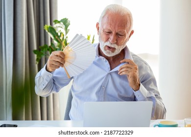 Unwell Senior Business Man Sit On Desk Work On Laptop Wave With Hand Fan. Overheated Man Worker Use Waver Suffer From Heatstroke In Office, Struggle With No AC At Workplace.