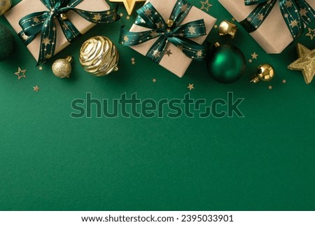 Unwrap magic of holidays! Top view capturing allure of handcrafted gifts, extravagant baubles, glittering star golden confetti on jubilant green backdrop, providing perfect canvas for your message