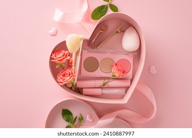 Unwrap romance with heart-shaped box filled with beauty essentials: lip gloss, cosmetic brushes, eyeshadow palette, mascara, beauty blender, and more. Top view on soft pink backdrop adorned with roses