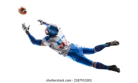 Up. American football. Player catches the ball and flies in the air. Back view. Sportsman in action. Isolated on white background. Sport