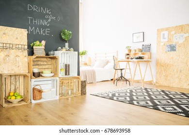 Upcycled Hipster Flat With DIY Wooden Furniture And Blackboard