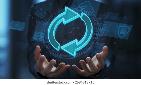 Update automation and patch management for software and system. Secure update framework. Businessperson holding arrow icons.