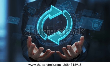Update automation and patch management for software and system. Secure update framework. Businessperson holding arrow icons.