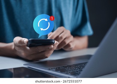 Update concept. upgrade system software for modernize, released new version. Person with notification for software updates on screen