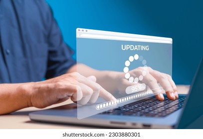 Update software or application concept. Hardware technology upgrade, Firmware or Operating System update, Man using computer with comfirm button and percent progress bar screen. Installing app patch. - Powered by Shutterstock