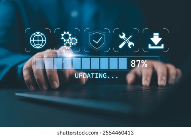 Update software application, upgrade technology concept. Software update, Operating system, patch update, updating progress bar, Install app patch, Improved security, program downloading, new version