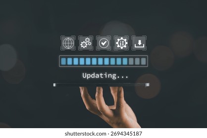 Update software application, upgrade technology. Software update or Operating system, patch update, updating progress bar, Install app patch, new version, Improved security, program downloading