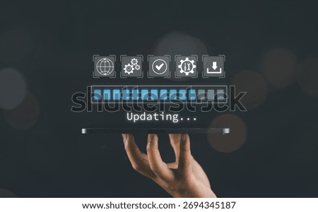 Update software application, upgrade technology. Software update or Operating system, patch update, updating progress bar, Install app patch, new version, Improved security, program downloading